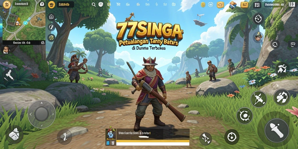 Screenshot gameplay 77SINGA menampilkan petualangan luas di dunia terbuka.