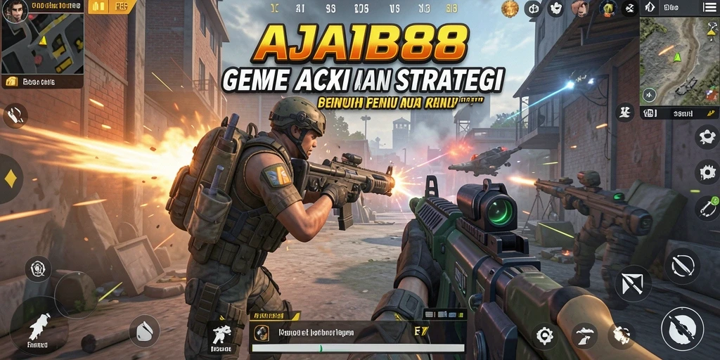 Screenshot utama AJAIB88 menampilkan aksi intens dalam mode FPS.