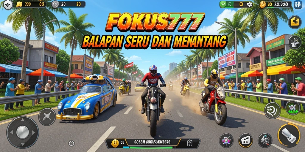 Tangkapan layar gameplay FOKUS777 dengan mobil balap yang melaju kencang.
