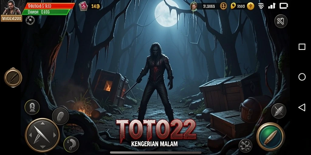 Screenshot utama TOTO22 menampilkan pemain menjelajahi lingkungan gelap dan menyeramkan.