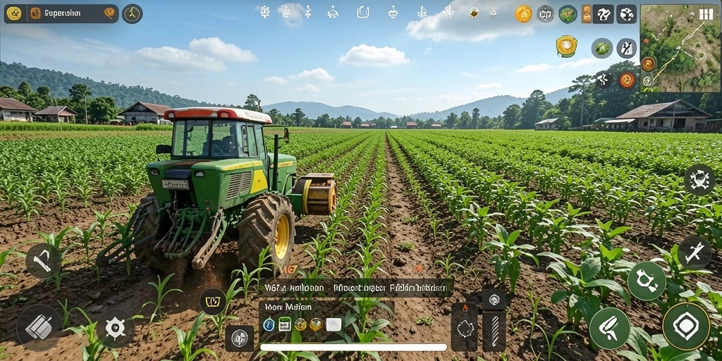 Gambar tangkapan layar gameplay W67 menunjukkan aktivitas bertani yang mengasyikkan.